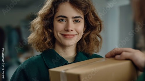 Wallpaper Mural Bright-eyed woman with curly hair beams as she receives a package from a delivery person in a cozy indoor setting filled with soft light Torontodigital.ca