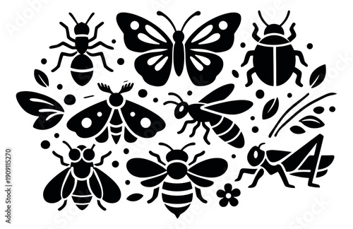 Modern graphic insect set featuring a butterfly, ant, bee, and beetle for nature designs
