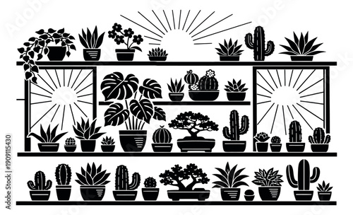 Stylized silhouette and line art potted plants set featuring a variety of cacti, succulents, and houseplants on shelves for botanical decor