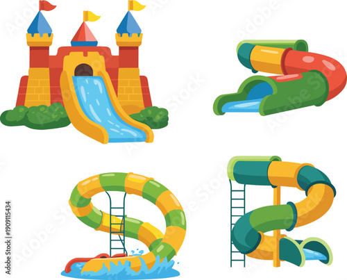 Water slide illustration set, colorful designs including castle-themed, tubular, twisting slides with splash pools, amusement park attraction concept, flat vector artwork collection