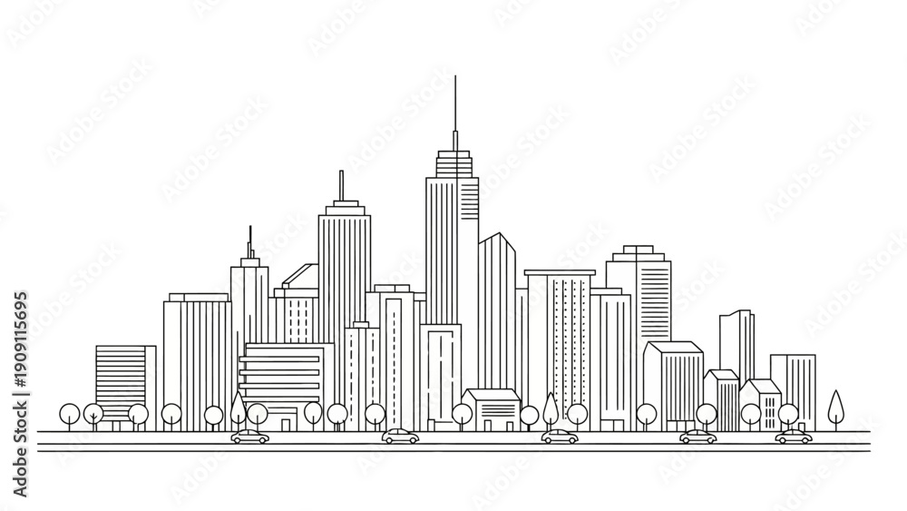 Obraz premium Minimalist Cityscape Outline: Modern Buildings and Trees in Black and White