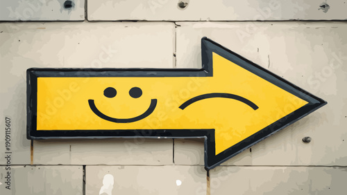 Smiling yellow arrow sign pointing right with winking face