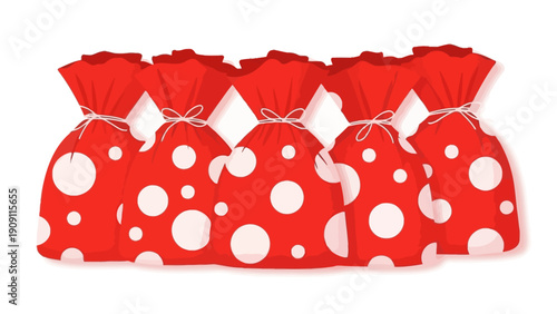 Group of Red Polka Dot Gift Bags Tied with White Ribbons, Festive Surprise Packages