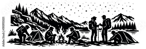 Silhouette illustration of a camping scene depicting people around a campfire with tents and mountains for outdoor adventures