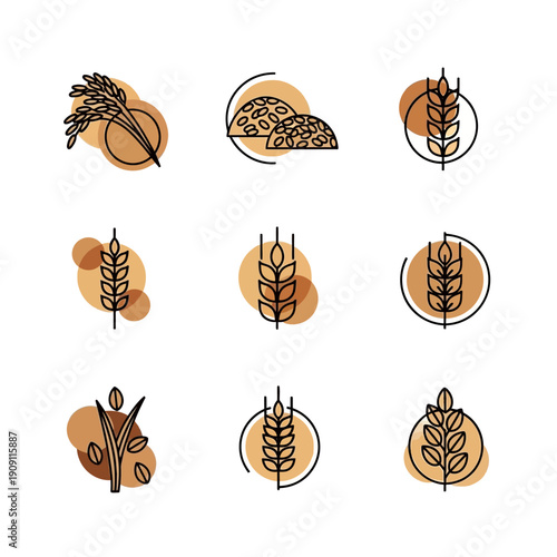 Set of Icons: Wheat Ears and Grains, Organic Food Symbols, Natural Ingredients