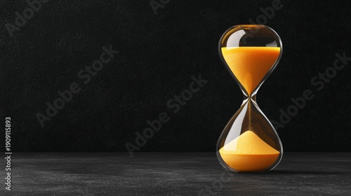 A glass hourglass with sand inside, standing on a black surface.