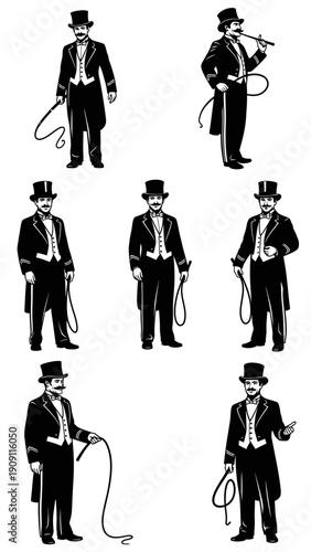 Vintage Gentleman in Top Hat and Tails with Whip - Multiple Poses