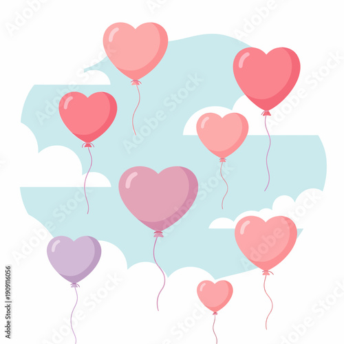 Pink and Red Heart Balloons Floating Gently in a Pastel Blue Sky with Clouds - Vector Illustration