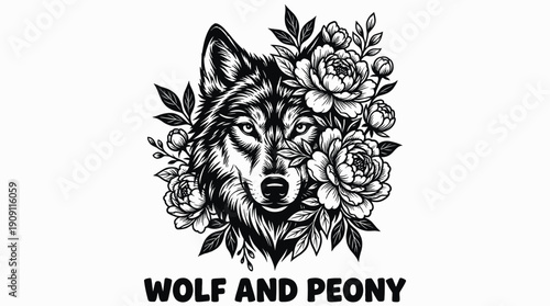 wolf face merged with peony floral arrangement in ornamental tattoo design illustration showing artistic mystical nature symbol aesthetic decorative ink concept with precise detailed linework
