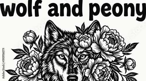 wolf face merged with peony floral arrangement in ornamental tattoo design illustration showing artistic mystical nature symbol aesthetic decorative ink concept with precise detailed linework