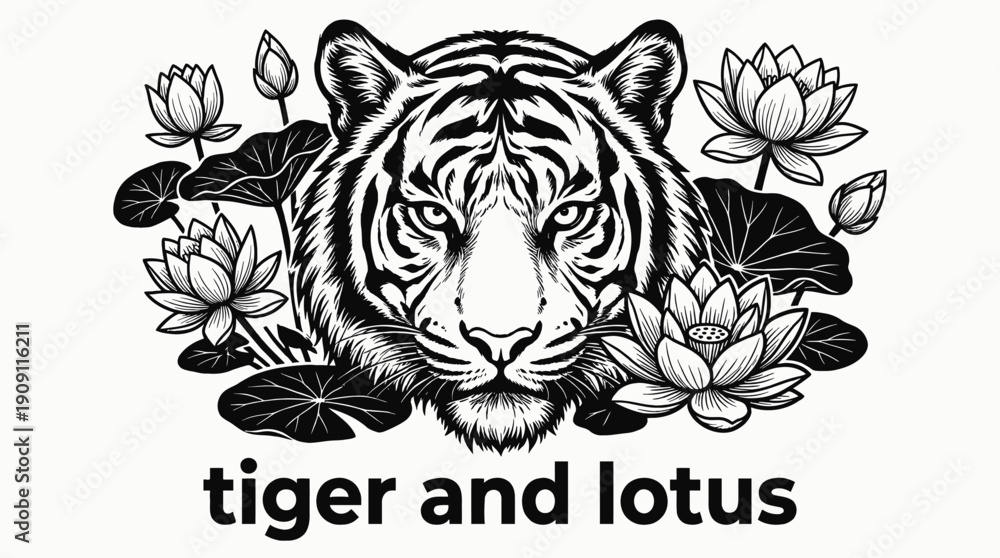 Obraz premium tiger face combined with lotus floral structure in intricate ornamental tattoo design illustration expressing artistic mystical nature symbol aesthetic decorative ink concept through detailed linework