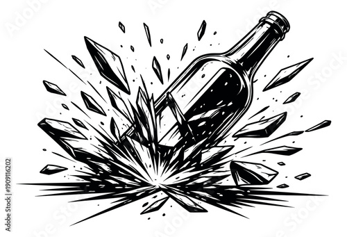 Hand drawn line art illustration of a breaking bottle depicting an explosive impact for a striking graphic