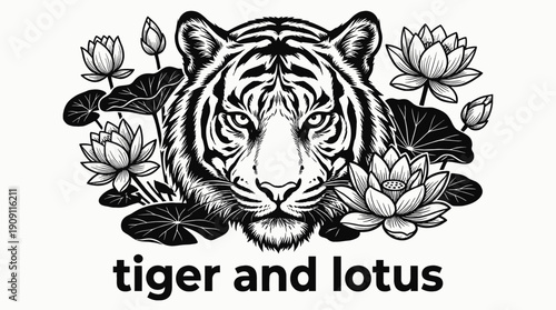 tiger face combined with lotus floral structure in intricate ornamental tattoo design illustration expressing artistic mystical nature symbol aesthetic decorative ink concept through detailed linework
