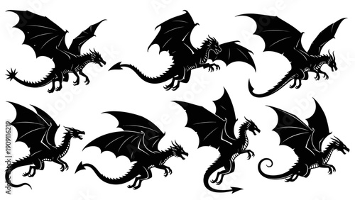 Collection of Black Dragon Silhouettes in Dynamic Poses