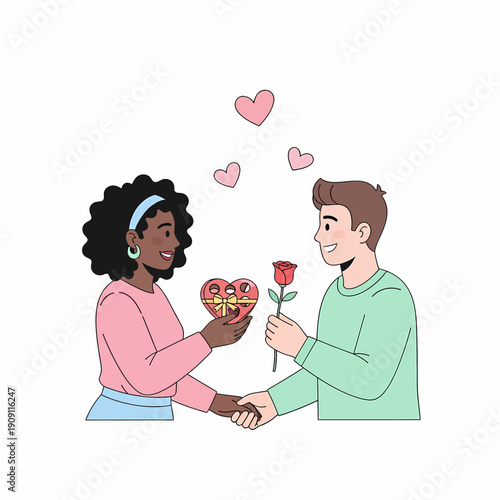 Happy Interracial Couple Exchanging Valentine Gifts and Holding Hands, Flat Line Art Drawing