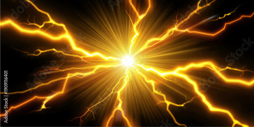 An abstract fractal background featuring glowing orange lightning waves and electric plasma fire motion on a dark black space texture for a powerful artistic illustration