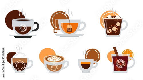 Cozy Hot Drinks Collection: Coffee, Tea, Hot Chocolate, Mulled Wine Vector Illustrations