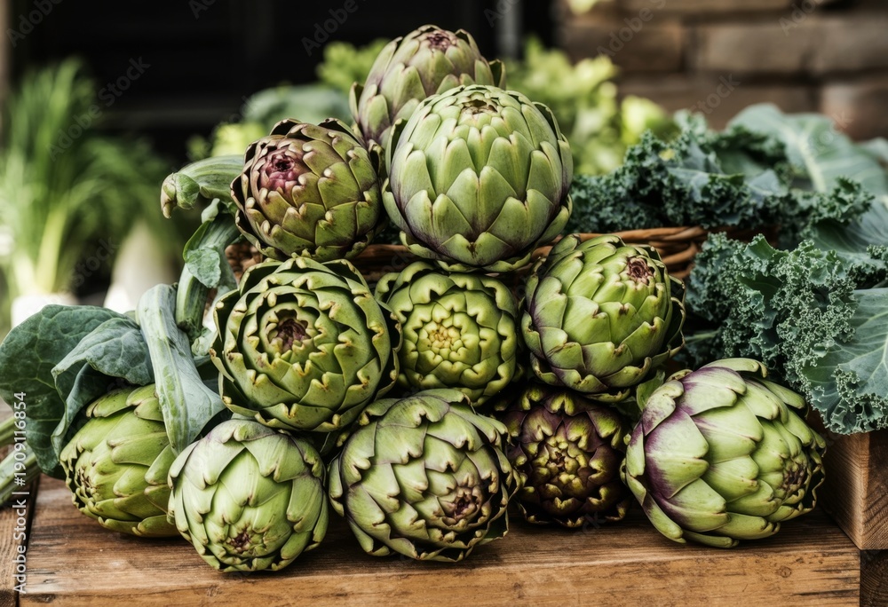 Fototapeta premium Fresh Artichokes and Green Vegetables: Healthy Food, Market Produce, and Raw Ingredients for a Wholesome Diet