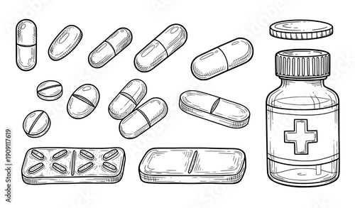 Hand drawn pills and medicine bottle sketch line art vector illustration