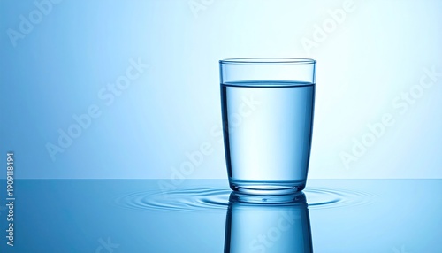 Fresh Glass of Pure Water on Reflective Blue Surface