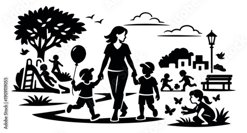 Silhouette illustration of a mother and children depicting playtime in a park for childhood and parenting concepts