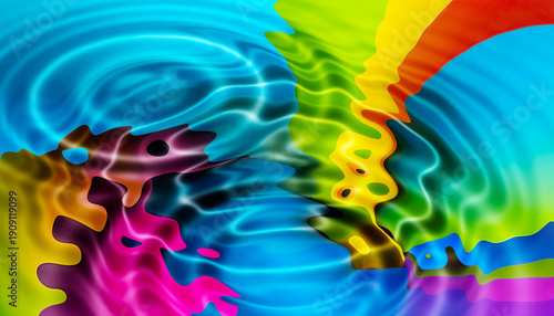 Bright abstract colorful liquid background, circles from a drop on multicolor water