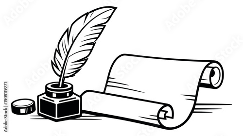 Hand drawn line art writing instruments set featuring a quill pen, inkwell, and scroll for history and literature
