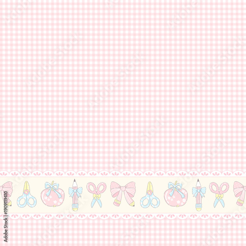 Grand millennial Coquette Gingham Seamless Pattern. Pastel Vintage Stationery Border with Bows Pencil and Scissors
