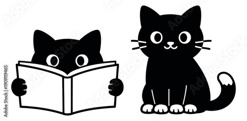 Cute cartoon cat set featuring a sitting cat and a cat reading a book for various design projects