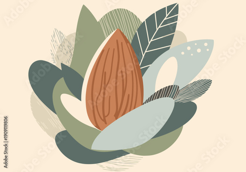 Celebrate National Almond Day! A stylish graphic featuring an almond and leafy foliage. Modern, muted tones and a clean design perfect for nutrition concepts and promotions.