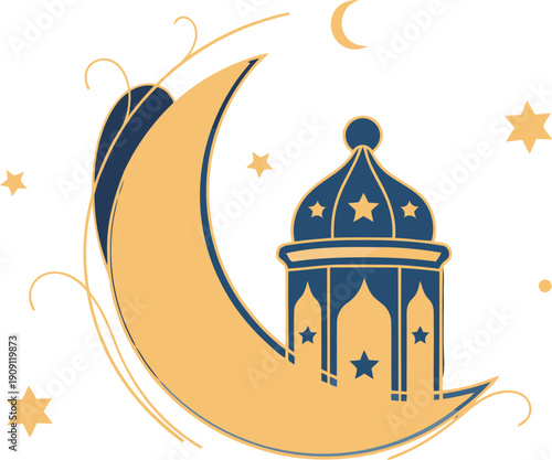 Elegant Ramadan lantern illustration with moon and stars. A beautiful, stylized design perfect for festive greetings and decorative purposes.  Ideal for digital marketing and social media.