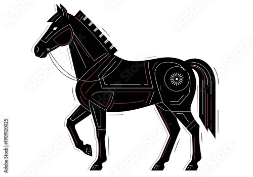 Принти на полотні A striking robotic horse silhouette combines traditional art with futuristic design