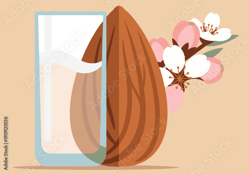 A stylish banner celebrates International Almond Day! A glass of almond milk sits beside an almond and delicate blossoms. Modern, inviting design.