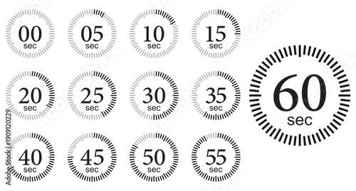 Countdown timer symbol icon set. Second Timer. Timer 0, 5, 10, 15, 20, 25, 30, 35, 40, 45, 50, 55, 60, second icon circle. Stopwatch icons. Vector illustration. 