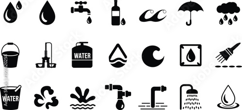 Collection of black water icons featuring drops, tap, bottle, wave, rain cloud, bucket, pump, tank and shower symbols isolated on white background
