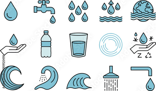 Collection of blue water icons including drops faucet rain waves bottle glass shower and eco symbols for environmental and hydration concepts vector illustration set