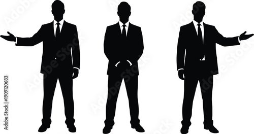 Collection of businessman silhouettes in formal suits showing presentation gestures and confident standing poses isolated on white background for corporate leadership concepts