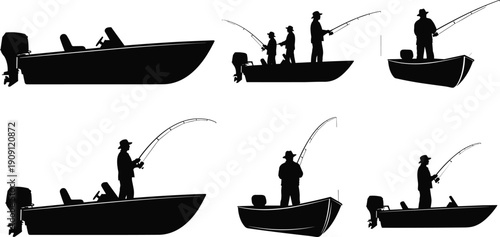 Collection of fisherman silhouettes fishing on motorboats with rods, isolated black vector set of angler boats on white background for marine design