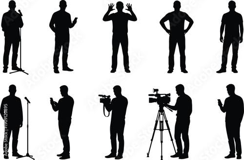 Collection of male silhouettes showing presenter, speaker, and cameraman in various poses including microphone speech, video recording, and smartphone use isolated on white background
