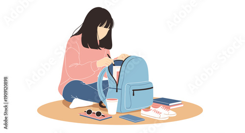 Young woman sitting on floor and unpacking backpack with books  