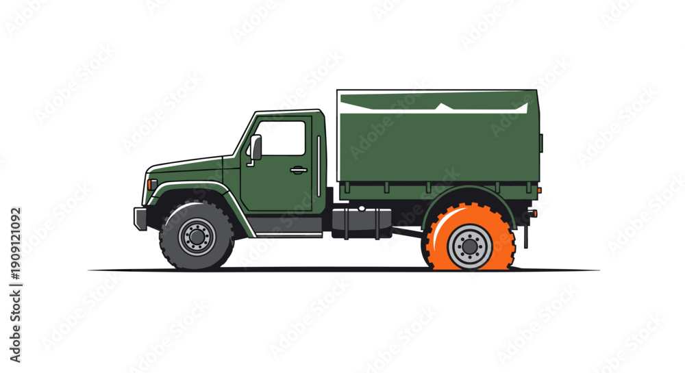 Obraz premium Green military truck with flat tire in side view 