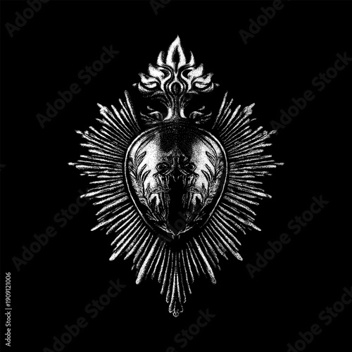 Hand-drawn vector illustration of a Sacred Heart with radiant metal rays, featuring intricate engraving details and dramatic vintage shading. Monochrome religious symbol with baroque ornamentation.