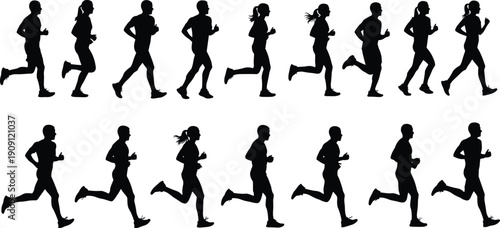 Collection of running people silhouettes in side view, men and women joggers isolated on white background, fitness training, marathon runners vector illustration set