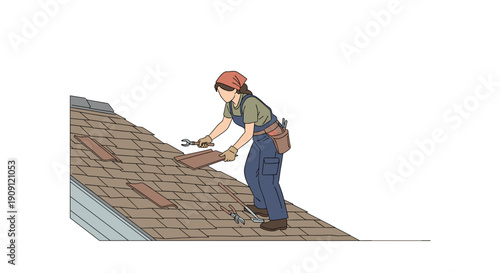 Woman repairing roof shingles with tools on inclined roof  