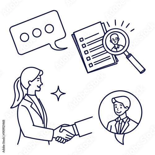 A woman shakes hands with a man while a resume and chat are reviewed