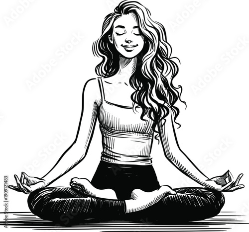 Timeless Tranquility: Yoga Linework vintage linework sketch hand drawn pen drawing vector illustration