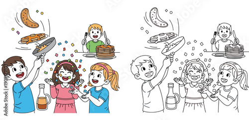 Happy children flipping pancakes with confetti and syrup, coloring page vector illustration for Shrove Tuesday or breakfast party.