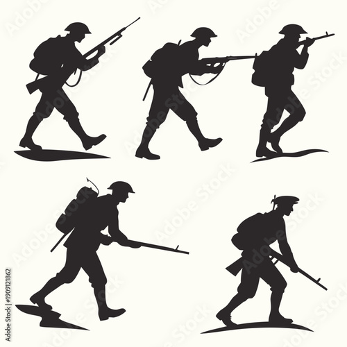 Silhouette of soldiers in various combat positions