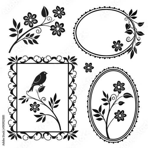 A set of floral frames and borders with a bird
