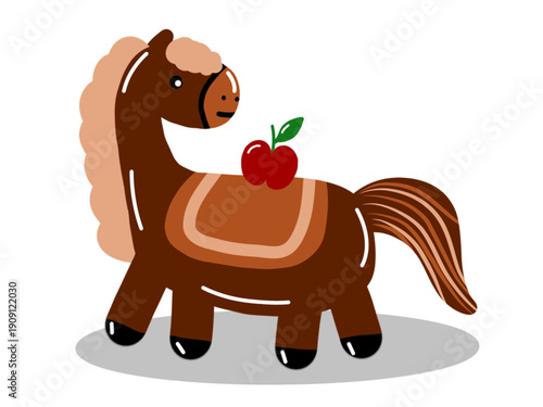 Cute cartoon illustration of a brown horse with saddle and an apple on its back.